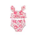 Baby Girls Bikini Set Plaid Flower Print Fly Sleeve Split Swimsuit Camisole with Briefs for Summer Beach