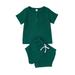 JINSIJU Baby Shorts Set Rib Button Short Sleeve Crew Neck Tops + High Waist Casual Shorts Two Piece Set