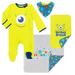 Disney Pixar Monsters Inc. Mike Newborn Baby Boys 4 Piece Outfit Set: Sleep N Play Coverall Bib Blanket Burp Cloth 0-6 Months