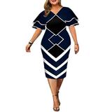 AMILIEe Women Graphic Pattern Flare Sleeve V-Neck One-piece Pary Dress Plus Size