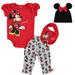 Disney Minnie Mouse Newborn Baby Girls Bodysuit Pants Bib and Hat 4 Piece Outfit Set Newborn to Infant
