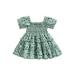 Toddler Baby Girls Short Sleeve Dress Ruffled Square Neck Ruched Dress High Waist Knee-Length Dress