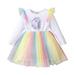 4T Toddler Baby Girls Dress Unicorn Print Ruffle Sleeve Round Neck Long Sleeve Lace Dress 1PCS Sun Dress 4-5T White