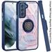 For Samsung Galaxy S22 Ultra Unique Marble Design with Magnetic Ring Kickstand Holder Hybrid TPU Hard Shockproof Cover Xpm Phone Case [ Blue Pink ]