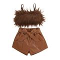 LisenraIn 1-6Y Toddler Kids Girls Clothes Sets 2pcs Fluffy Fur Sleeveless Camisole Vest+PU Leather High Waist Shorts