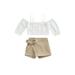 AMILIEe Kids Girls Casual Suit Solid Color Long Sleeve Off-Shoulder Feather Tops+Dress-Like Bowknot Shorts