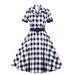 Women Suit Swing Dresses 1950s Vintage Rockabilly Party Dress Button Short Sleeve Lapel Business Casual Plaid Dress