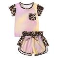 Canrulo 2PCS Infant Baby Girl Leopard Print Tie-dye O-Neck T-shirt Elastic Waist Shorts Yellow Pink 2-3 Years