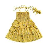 StylesILove Baby Toddler Girls Floral Print Smocked Tiered Sleeveless Dress & Headband 2pcs Summer Ruffle Sundress Outfit (Mustard Yellow 3-4 Years)