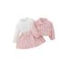 2Pcs Baby Girl Fall Winter Dress Outfit Plaid Long Sleeve Buttons Outwear and White Mock Neck Dress