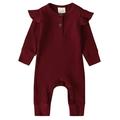 Sunisery Infant Kids Baby Girl Boy Solid Color Long Ruffle Sleeve O-Neck Ribbed Jumpsuit Wine Red 0-3 Months