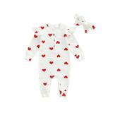 Douhoow Infant Girls Ribbed Romper Heart Print Long Sleeve Ruffles Button Jumpsuits 0-24M