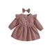 Diconna Baby Girl Solid Color Dress Long Sleeves Round Neck Cotton Dress Bow Headband Birthday Gifts