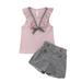 2Pcs Newborn Girls Clothes Outfits Ruffle Sleeveless Bow Tie Top + Plaid Print Button Shorts
