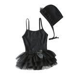 stylesilove Toddler Little Girls Embroidered Swan Sequin Black One-Piece Swimsuit with Tutu Skirt and Hat 2pcs Bathing Suit Beach Swimwear (4T)