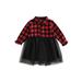 jaweiwi Toddler Girl s Casual Dress Lapel Collar Long Sleeve Half Button Mesh Tulle Patchwork Plaid Shirt Dress 6 12 18 24 Month 3 4 Years