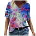 Women Summer V Neck Tshirt Top Casual Loose Fit Tunic Tees Short Sleeve Trendy Vintage Floral Print Workout Blouses