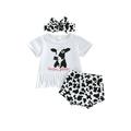 wybzd Infant Baby Girl Clothes Cow Print Tassel Short Sleeve T-shirt Shorts Headband Outfits White 0-6 Months