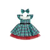 LWXQWDS 2Pcs Toddler Baby Girls Christmas Dresses Fly Sleeve Plaids Tutu Dresses Headband Princess Party Clothes Lake Green 1-2 Years