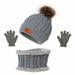 HESHENG Kids Winter Warm Beanie Hat Scarf Gloves Set Thermal Knit Crochet Thick Fluffy Toddler Cap Pom Pom Bobble Hat With Faux Fur For Girls Boys Gray