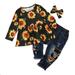 KIMI BEAR Infant Baby Girls Outfits 18 Months Infant Girls Autumn Outfits 24 Months Infant Girls Casual Sunflower Print Long Sleeve Top + Ripped Denim Pants 2PCs Set Black