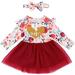 Sinhoon Toddler Baby Girls Dress Floral Heart Long Sleeve Dresses Tutu Ruffled Skirt Outfits with Bowknot Headband(Wine red 12-18M)