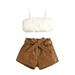 Canrulo Toddler Baby Girls Clothes 2pcs Fluffy Fur Sleeveless Camisole Vest+PU Leather High Waist Shorts Sets White 4-5 Years