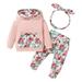 KIMI BEAR Newborn Baby Girls Outfits 9 Months Newborn Girls Autumn Winter Outfits 12 Months Newborn Girls Sweet Big Flower Print Hooded Long Sleeve Hoodie + Pants + Headband 3PCs Set Pink