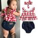 3pcs Newborn Kids Baby Girls Clothes Plaid Tops+Jeans Shorts+Headband Outfits Set Red 18-24 Months