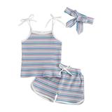 Mioliknya Kids Three-piece Suit Stripe Sleeveless Camisole Shorts and Headwear