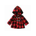 Huakaishijie Toddler Baby Girls Hooded Coat Plaid Print Long Sleeves Horn Button Closure Autumn Winter A-Line Jacket