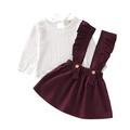 GRNSHTS Toddler Baby Girl Clothes Long Sleeve T-Shirt Top Ruffle Strap Skirt Suspender Dress 2PCS Outfits Wine 1-2T