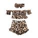 Kid Girls Casual Outfits Sets Leopard Printed Off Shoulder Short Sleeve Tops Elastic Waist Shorts with Headband