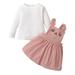 KIMI BEAR Toddler Girls Outfits 3T Toddler Girls Autumn Outfits 4T Toddler Girls Sweet Waffle Stripe Round Neck Long Sleeve T-shirt + Corduroy Suspender Dress 2PCs Set White Pink