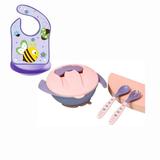 CNKOO Pink Baby Plates Bowls with Lids - Silicone Mini Mat - Suction Placemat Bowl with Spoon Fork for Self Feeding - Purple Baby Bib