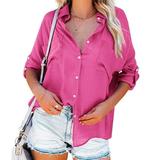 Womens Button Down V Neck Denim Shirts Long Sleeve Blouse Roll Up Cuffed Sleeve Casual Work Plain Tops with Pockets