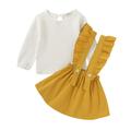 GRNSHTS Toddler Baby Girl Cotton Linen Long Sleeve Shirt + Ruffled Suspender Skirt Outfits Yellow 5-6T