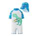 stylesilove Toddler Kid Boys Dino Print One-Piece Short Sleeve Zipper Rash Guard & Hat 2pcs Swimsuit Pool Beach Bathing Suit (4T) White