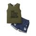 3T Toddler Boys Clothes 4T Boys Summer 2PCS Outfits Letter Print Sleeveless Tank Top Ripped Denim Shorts Set Army Green