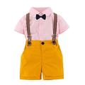 StylesILove Baby Toddler Boys Classic Button Down Shirt and Shorts Suspenders Bowtie 4pcs Gentleman Suit Set Cotton Overalls Outfit (Pink 3T)