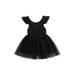 wybzd Baby Girls Fly Sleeve Dress Fashion Solid Color Round Neck Mesh Yarn Stitching A-line Dress Black 3-4 Years