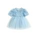 LWXQWDS Toddler Baby Girls Tulle Princess Dress Bowknot Sequins Backless Tutu Dress Short Sleeve Mesh Gowns Bubble Dress Blue 18-24 Months
