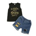 Diconna Toddler Baby Girl Summer Outfits Letter Sleeveless Vest Tops+ Ripped Denim Shorts Little Girl Clothes Set Black 3-4 Years
