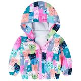 1-6T Kids Girls Waterproof Windbreaker Printed Hooded Zip-up Jackets Lined Rain Jackets - Blue Cat