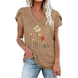 Womenâ€™s Petal Short Sleeve Casual Shirts Top Summer Flower Print Solid Color V Neck Blouse Cotton Loose T-Shirt