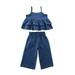 TheFound 2Pcs Baby Girl Summer Clothes Denim Sleeveless Ruffle Halter Strap Tank Tops Cami Wide Leg Long Pants Outfits