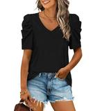 Summer Women V Neck T-shirt Top Puff Short Sleeve Solid Color Casual Shirt Loose Fit Sexy Comfy Soft Tunic Blouse