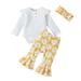 Musuos Baby Girls Clothes Set Ruffle Trim Long Sleeve Buttons Round Neck Romper Flower Printed Flared Pant with Headband