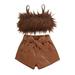 2 Pcs Summer Toddler Kids Solid Color Outfits Set Girls Cropped Fluffy Fur Camisole Belted Leather Shorts
