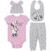 Disney Minnie Mouse Infant Baby Girls Cosplay Bodysuit Pants Bib and Hat 4 Piece Outfit Set Newborn to Infant